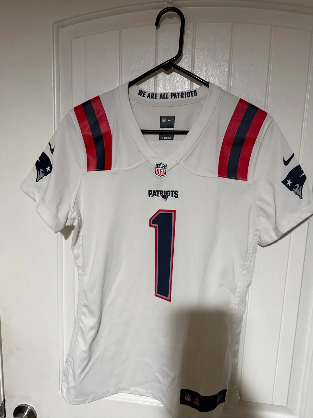Wom Nike White New England Patriots #1 Football Jersey with Red & Blue Accents